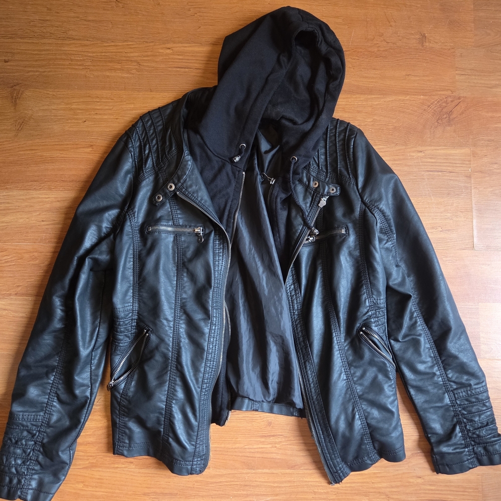 Women's Black Pleather Jacket with Hood